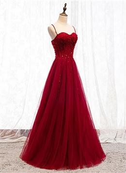 Picture of Straps Dark Red Color Beaded Sweetheart Long Formal Dresses, Junior Formal Dresses